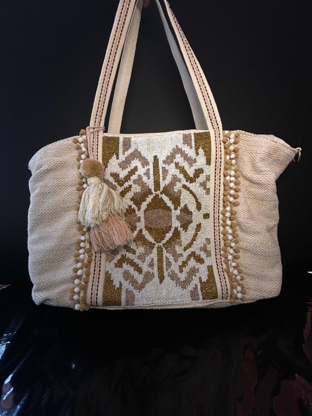 America & Beyond Boho Beaded Tote Bag w/ Tassel Cream Gold Aztec NWOT